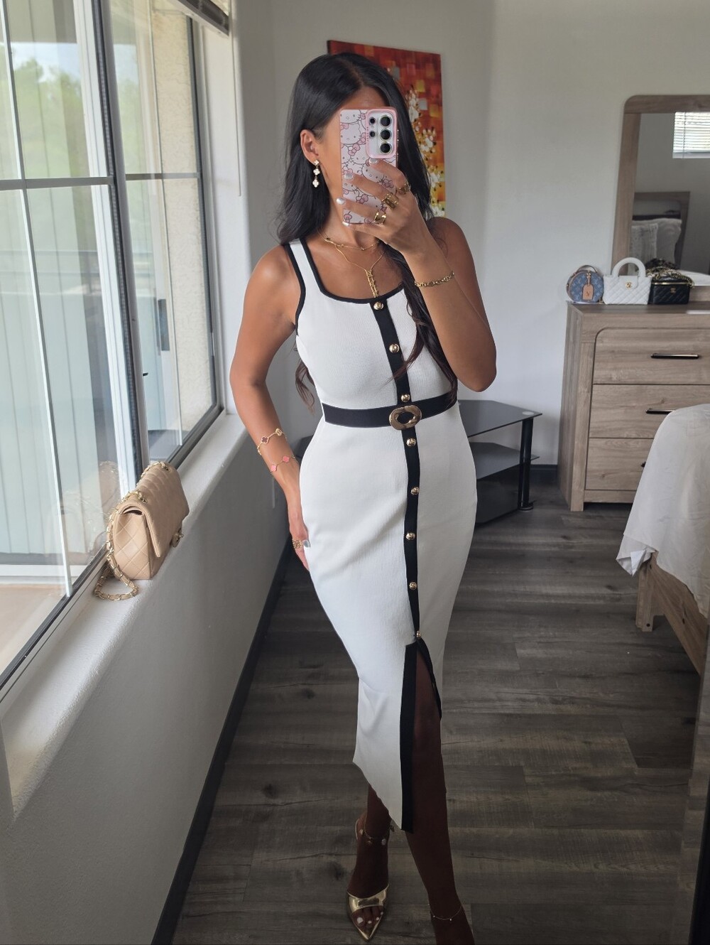 Sleek White Midi Dress with Black Trim and Gold Accent Very Stretchy